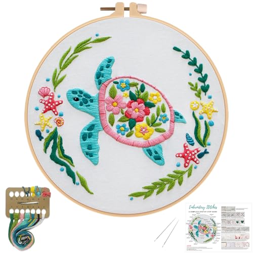 Louise Maelys Sea Turtles Embroidery Kits for Beginners, DIY Cross Stitch Starter Craft Kit for Adults Including Cloth with Pattern, Hoop, Needles Instruction and Threads