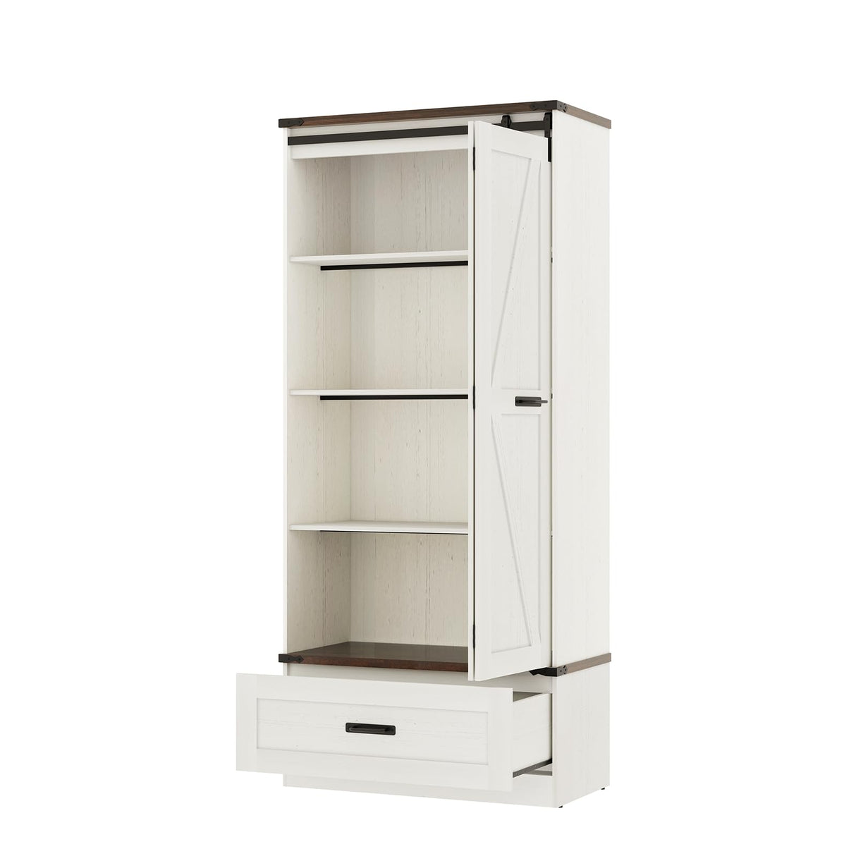 Hlivelood 72" Tall Storage Cabinet with Barn Doors & Drawer, Pantry Cabinet with Adjustable Shelves, Rustic Wood Cupboard for Kitchen, Dining Room, Living Room, White Hlivelood