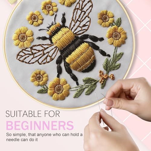 Huacan Embroidery Kit for Beginners Adults Includes Stamped Bee Pattern, Hoop, Color Threads,Tools,Easy to Follow Instruction