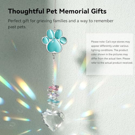 Pet Memorial Suncatcher - Dog Memorial Gifts, Pet Loss Sympathy, Thoughtful Dogs and Cats Bereavement Remembrance Gifts, Natural Cat's Eye Paw Crystal Suncatcher(Peacock Blue) AMETHUARTZ