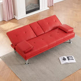 Futon Sofa Bed Modern Folding Couch for Small Space, Faux Leather Convertible Loveseat Sleeper Bed Daybed Recliner Lounge Sofas for Living Room,2 Cup Holders,Metal Legs,Removable Armrests (Red) Anwick