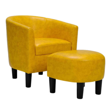INZOY Modern Accent Chair with Ottoman for Small Space, Club Chair with Ottoman Set, Comfy PU Leather Barrel Reading Chairs for Living Room Bedroom, Round Reading Chair with Foot Rest, Yellow INZOY