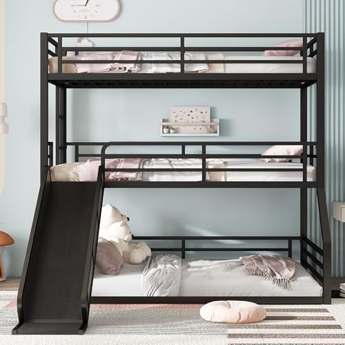 Bellemave Triple bunk beds with Slide Twin Over Twin Over Full Triple Bed Frame 3 Bunk Beds for Kids Teens Boys Girls with Ladder/Full-Length Guardrails, Black Bellemave