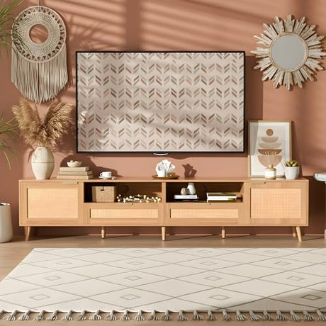 Virubi Rattan TV Stand for TVs up to 90'', Boho Entertainment Center with 2 Doors & 2 Drawers, Solid Wood Feet, Vintage Console Table for Living Room Virubi