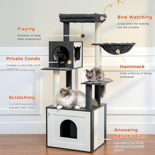 MIOMUM Tall Cat Tree with Litter Box Enclosure 56.7" Wooden Cat Tower for Large Cats with Cat Hammock House Bed (Wood Black) - WoodArtSupply