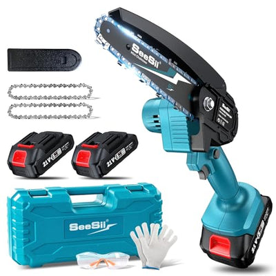 Seesii Mini Chainsaw Cordless 6-inch, Handheld Electric Power Chain Saw with 2 Batteries, for Tree Trimming Wood Cutting, Best Gifts for Dad, Husband