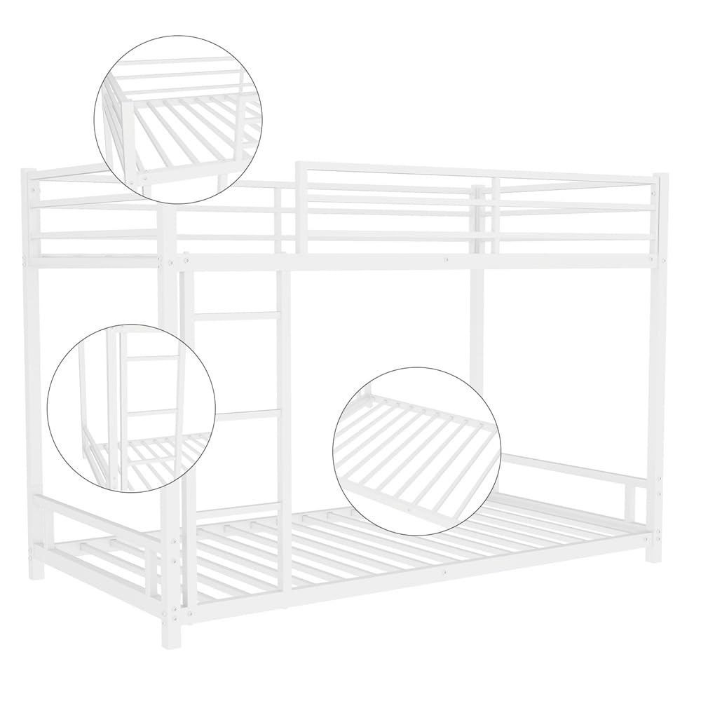 QSOSTNS Twin Over Twin Bunk Bed, Metal Low Profile Bunkbed with Side Ladder, Heavy-Duty Sturdy Metal, Noise Reduced, Safety Guardrail, No Box Spring Needed (White) QSOSTNS