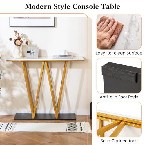 Giantex Gold Console Table, 40” Entryway Table with Faux Marble Top & Sturdy Metal Base, Modern Accent Sofa Table for Entrance, Living Room, Hallway, Foyer Decoration, White Giantex
