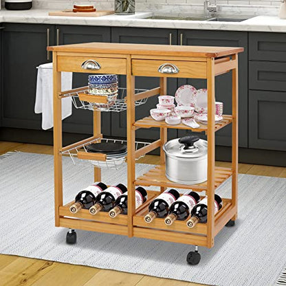 Nova Microdermabrasion Rolling Kitchen Island with Storage and Utility Wood Tabletop, Wood Mobile Kitchen Island Serving Cart on Wheels with Towel Rack for Home, Dining Room, Restaurant - WoodArtSupply