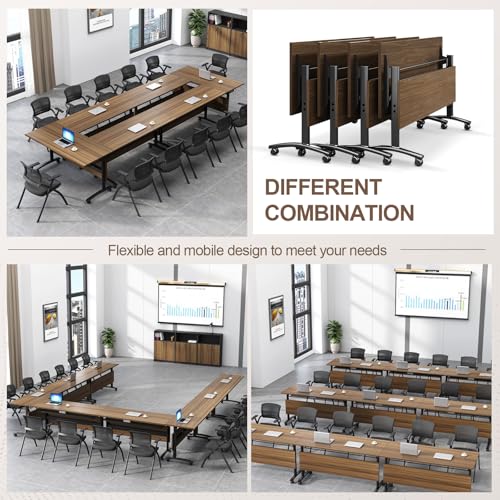 Folding Conference Room Table, Modern Conference Tables with Wheels, Large Rectangular Mobile Training Tables for Office Classroom, Foldable Modular Boardroom Seminar Table Walnut (4pack L63in) JNMDLAKO