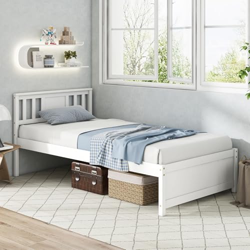 Giantex Wood Twin Bed Frames with Headboard, Mid Century Solid Wood Platform Bed with Wood Slat Support, Single Panel Bed, No Box Spring Needed, Twin Bed Frames for Kids, White Giantex