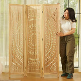 Svimi Room Divider Wood Carved Wall Divider Indoor Folding Bohemian Style Portable Partition Screen for Home Office Garden Terrace - 3 Panels (Natural) Svimi