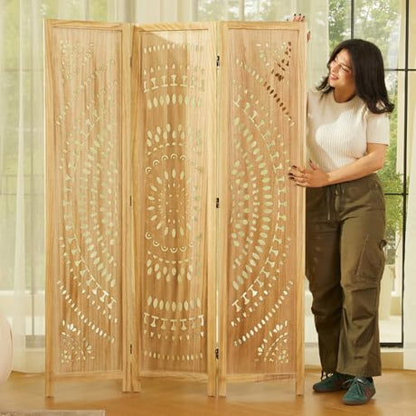 Svimi Room Divider Wood Carved Wall Divider Indoor Folding Bohemian Style Portable Partition Screen for Home Office Garden Terrace - 3 Panels (Natural) Svimi