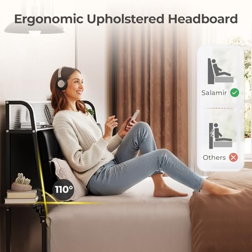 Salamir Twin Floating Bed Frame with LED & Charging Station, Ergonomic Upholstered Headboard with Folding Shelves Storage, Metal Slats, No Box Spring Needed, Easy Assembly, Noise-Free, Black Leather Salamir