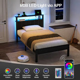 OLEVS Twin Bed Frame with LED Lights & USB Outlets, Platform Twin Bed with Storage Headboard, No Box Spring Needed, Easy Assembly OLEVS