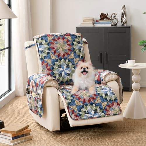 Chindar Patchwork Printed Recliner Chair Covers, Soft Quilted Lazy Boy Chair Covers, Pet Friendly Recliner Cover for Sofa Couches, Washable Armchair Slipcovers Covers (Recliner 22", Patchwork Red)