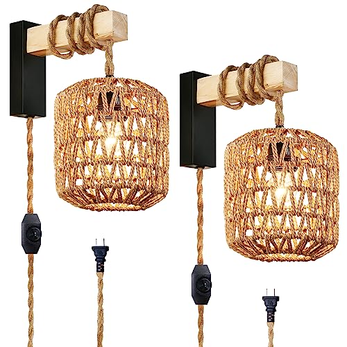 Capslad Plug in Wall Sconces Set of Two Dimmable Boho Rattan Wall Lamp with Wood Arm Rustic Wall Mount Lamp with Hemp Rope Cord Farmhouse Wall Light Fixture for Bedroom Living Room Hallway En - WoodArtSupply