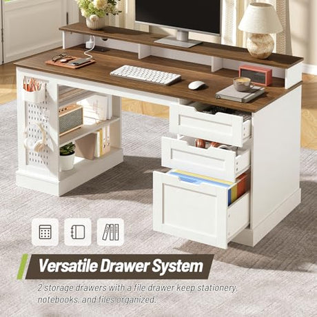 STHYTON 55inch Farmhouse Executive Desk with 2 Drawers and File Cabinet, Computer Desk with 3-Tier Storage Shelves, Home Office Desk with Charging Station, Pegboard and Monitor Shelf, White and Walnut STHYTON