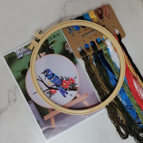 Esffaci Embroidery Starter Kit for Adult Beginners - Blue Bird Flowers Pattern with Cloth Hoop, Needle, Threader, Floss and Instructions