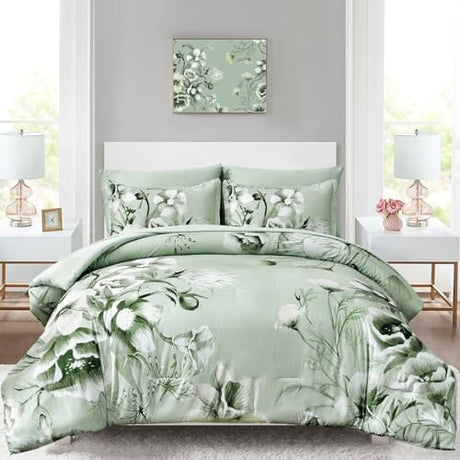 Luxudecor Floral Comforter Set Queen Size 7 Piece, Sage Green Flower Bed in a Bag, Elegant Floral Comforter with Sheet Set, Soft Seersucker Microfiber Bedding Set (Sage Green, 90"x90") Luxudecor