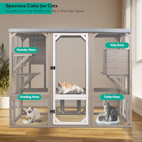 Large Catio Outdoor Cat Enclosure Window Access, Wooden Kitty Cage with Resting Room & 3 Platforms for Multiple Feral Cats, Cat House Attached to Window, Pet's Door for Patio Indoor Magazoopet