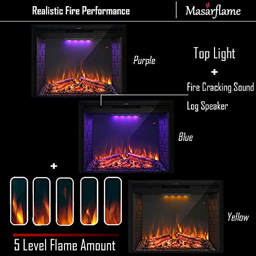 Masarflame 30'' Electric Fireplace Insert, Retro Recessed Fireplace Heater with Fire Cracking Sound, Remote Control & Timer, 750/1500W, Black Masarflame