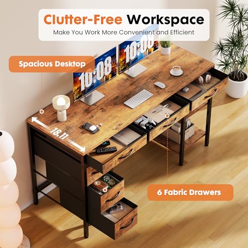 Sweetcrispy 47" Computer Desk with 6 Drawers, Home Office Gaming Desks with Storage Shelves for Bedroom, Writing Study Corner Living Room Work Table Rustic Brown Sweetcrispy