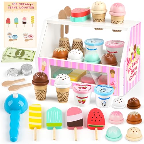 Dreamon Ice Cream Counter Playset for Kids, 38 PCS Wooden Ice Cream Set Shop for Toddlers 3-5, Toddler Pretend Play Toy, Christmas Birthday Gift for Boys and Girls - WoodArtSupply