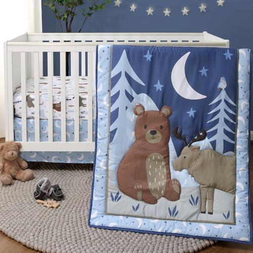 The Peanutshell 3 Piece Baby Crib Bedding Set for Boys - Newborn, Infant & Toddler Nursery Bed Set Decor with Fitted Crib Sheet, Dust Ruffle Comforter - Under The Stars The Peanutshell