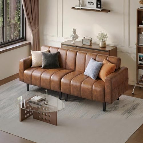 hausway 83”Faux Leather Futon Couch,Mid Century Modern Convertible Faux Leather Sofa with Adjustable Backrest,Storage Pocket,Wooden&Steel Frame for Office,Living Room,Space-Saving,Brown hausway
