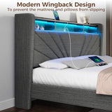 Rolanstar Queen Size Bed Frame, Storage Headboard with Charging Station and LED Lights, Upholstered Bed with Heavy Duty Wood Slats, No Box Spring Needed, Noise Free, Easy Assembly, Dark Grey Rolanstar