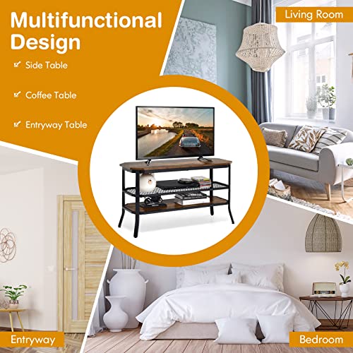 Tangkula TV Stand for TVs up to 46 Inch, 3-Tier Industrial Wooden Console Table with Mesh Grid Storage Shelf, Metal Frame, Rustic Entertainment Center for Living Room (Rustic Brown) Tangkula