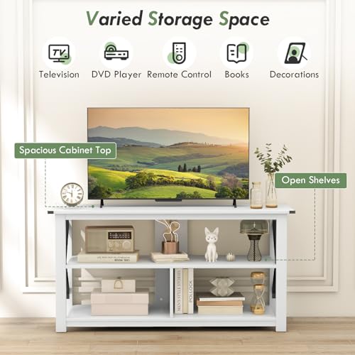 Tangkula Wood TV Stand with Open Shelves and X-shaped Frame, 3 Tier Entertainment Center for 55-Inch TV, Farmhouse TV Console Table, Open TV Stands for Living Room Bedroom (White) Tangkula