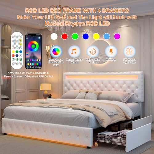 GEGOFORU Full Led Bed Frame with 4 Storage Drawers, with Smart Control RGBW LED Lights Headboard Footboard, Control DIY Color, Box Spring Optional, PU White Generic