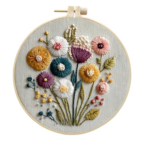 JJFox Embroidery Kit for Beginners and Adults, DIY Hand Embroidery Starter Kit with Cute Pattern, Cross Stitch Needlepoint Set with Hoop, Threads and Instructions (Flower)
