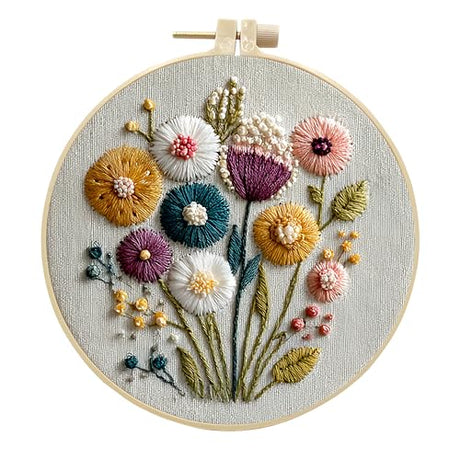 JJFox Embroidery Kit for Beginners and Adults, DIY Hand Embroidery Starter Kit with Cute Pattern, Cross Stitch Needlepoint Set with Hoop, Threads and Instructions (Flower) JJFox