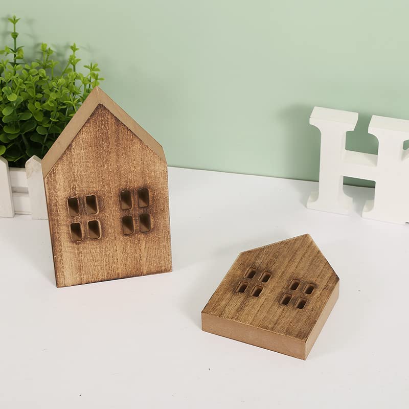 iMagitek 2 Pack Block Farmhouse Home Wooden Sign House Shaped Wooden Sign Tiered Tray Decor for Home Room Table (Brown) iMagitek