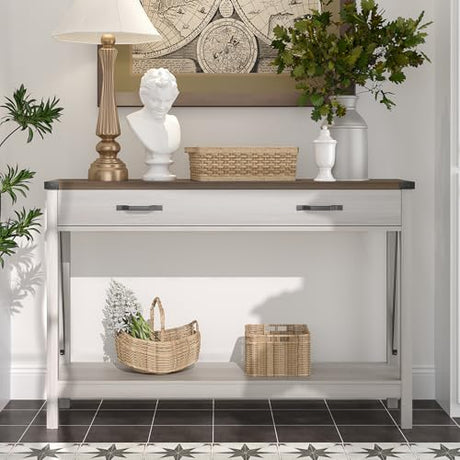ChooChoo 47'' Farmhouse Console Table with Drawer, Entryway Table with Storage Shelf, Rustic A-Design Sofa Table for Hallway, Entrance, Living Room, White&Brown ChooChoo