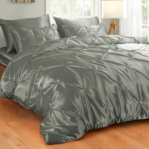 Heywaller 5-Piece Pinch Pleat Duvet Cover Set, Pintuck Duvet Cover Full Size with Zipper, Gray Satin Duvet Cover Shabby Chic Bedding (2 Pillow Shams + 2 Pillowcases), No Comforter Heywaller