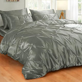 Heywaller 5-Piece Pinch Pleat Duvet Cover Set, Pintuck Duvet Cover Full Size with Zipper, Gray Satin Duvet Cover Shabby Chic Bedding (2 Pillow Shams + 2 Pillowcases), No Comforter Heywaller