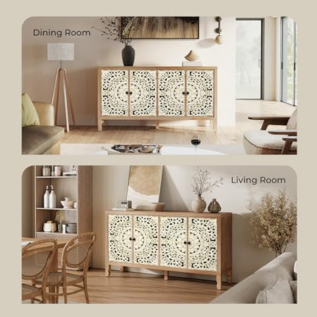 Furnivado Buffet Cabinet with Storage, Accent Cabinet with 4 Carved Doors, Solid Wood Sideboard with Adjustable Shelf, Vintage Cabinets for Kitchen, Living Room, Entryway, White&Natural Furnivado