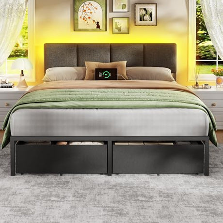 Furnulem Queen Bed Frame with Adjustable Headboard, Upholstered Bed with 2 Storage Drawers, Built-in USB Charging Station & LED Lights, Platform Bedframe with Metal Slats, No Spring Box Needed, Grey Furnulem