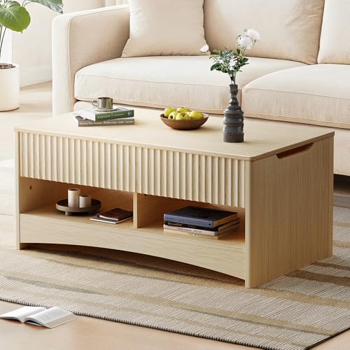 Marsail Lift Top Coffee Table with Open & Hidden Storage, Modern Fluted Coffee Table with Smooth Lift Mechanism, Sturdy Space-Saving Center Table for Home Living Room, Office, Natural Oak Marsail