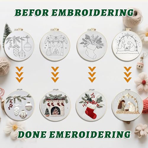 QBQBQ 4 Sets Christmas Embroidery Kits for Adults, Embroidery Kit for Beginners, Cross Stitch Kits for Beginners with Pattern, Needles, Threads, Tools (Christmas Kits B)