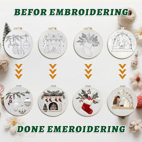 QBQBQ 4 Sets Christmas Embroidery Kits for Adults, Embroidery Kit for Beginners, Cross Stitch Kits for Beginners with Pattern, Needles, Threads, Tools (Christmas Kits B) QBQBQ