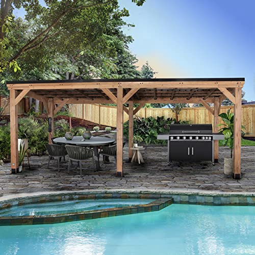 Backyard Discovery Arcadia 20 ft. x 9.5 ft. All Cedar Wooden Gazebo Pavilion with Hard Top Steel Slant Roof - WoodArtSupply