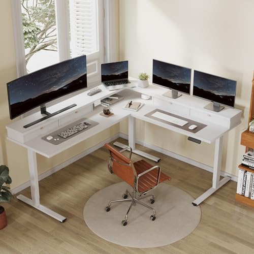 FLEXISPOT 71" Large L Shaped Standing Desk Electric Corner Table with Shelf, 4 Storage Drawers, Adjustable Computer Workstation for Home, Office, Game, Studio, White Top + White Frame FLEXISPOT