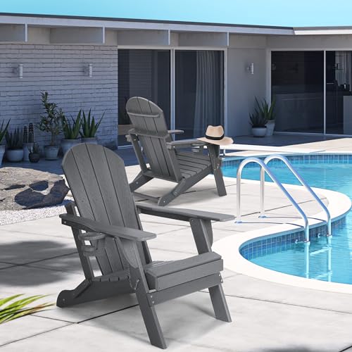 Folding Adirondack Chair, Patio Chair with Cup Holder, Wood Texture Fire Pit Chair, Heavy Duty HDPE Weather Resistant for Outdoor Lawn Porch Garden Backyard Deck (Grey) Rengue