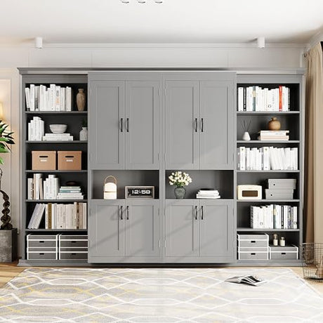 XD Designs Modern Full Murphy Bed with Dual Sliding Doors Storage Cabinets, Wood Hidden Wall Bed with Dual 6-Tier Side Shelves, Large-Capacity Space-Saving (Gray-12.9) XD Designs