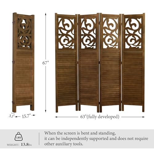 Svimi Folding Room Divider, 5.6Ft 4 Panels Wood Carved Privacy Screens, Free Assembled Freestanding Portable Reversible Functional Decorative Partition for Home Office Restaurant Bedroom (Brown) Svimi